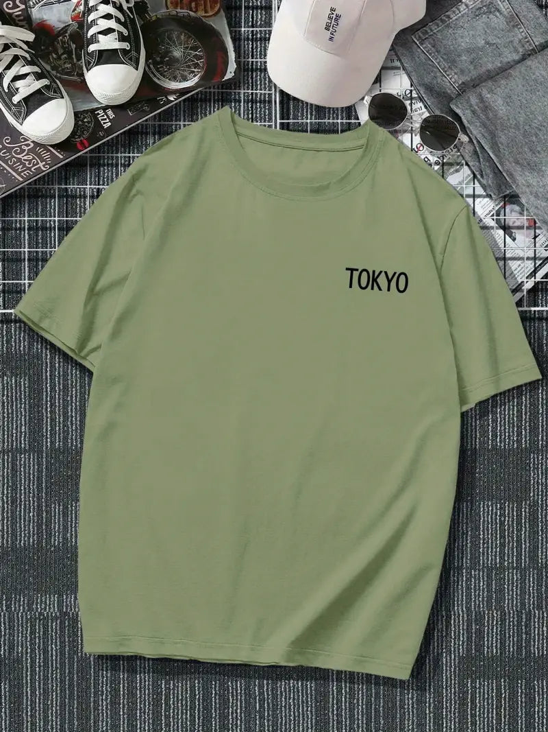 Camiseta masculina confortável com estampa de padrão de vista de rua na moda, camiseta gráfica masculina roupas de verão ao ar livre, roupas masculinas, tops para homens